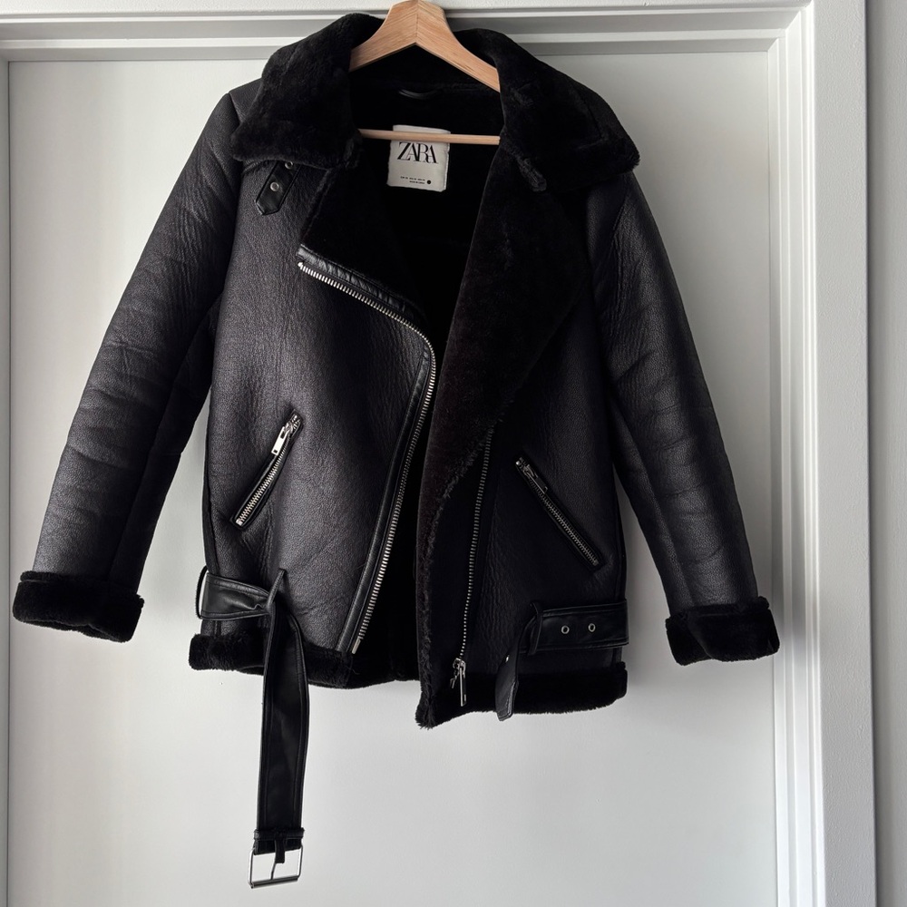 Zara Black Moto Biker Fur Jacket